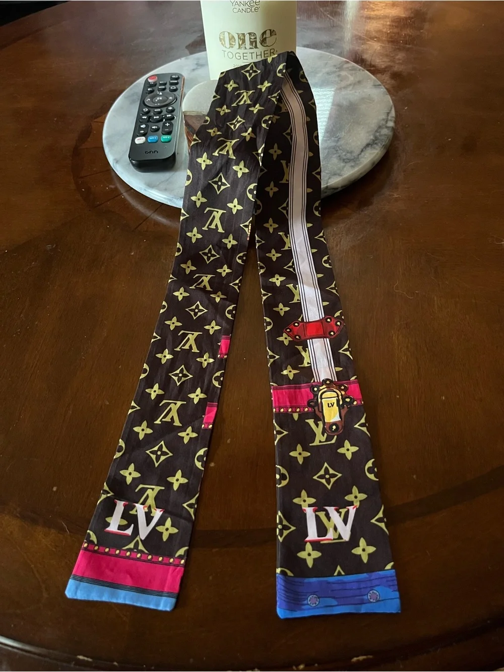Louis Vuitton Brown Silk Twilly with Pink & Blue Trim